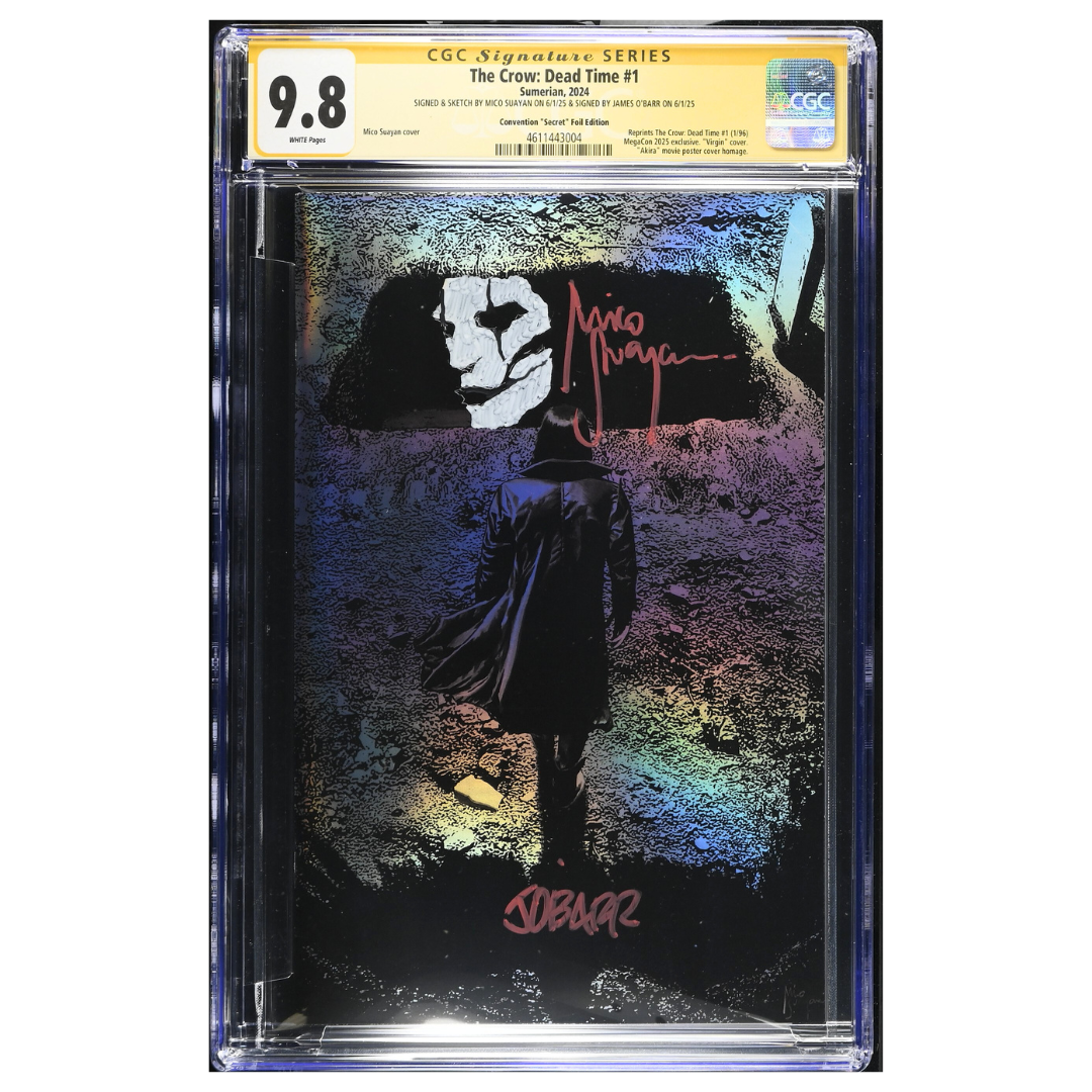The Crow: Dead Time #1 – Dual Signed & Crow Sketch by Mico Suayan / Akira Homage Rainbow Foil (MegaCon 2025, Ltd 10) – CGC 9.8 SS – 2024 (Sumerian Comics)
