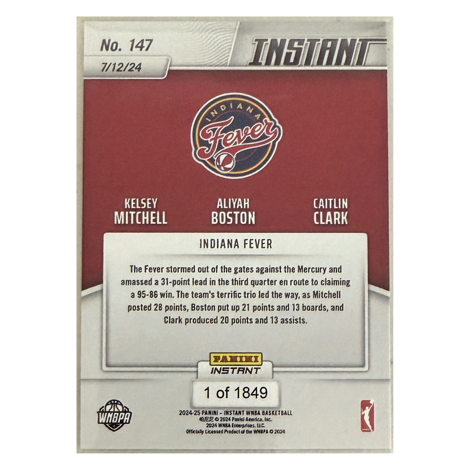 2024 Panini Instant #147 Caitlin Clark RC / Kelsey Mitchell / Aliyah - NM