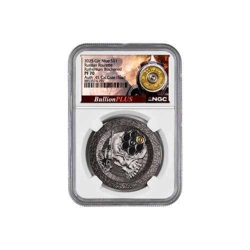 2025 Niue Russian Roulette 1 oz Silver Coin NGC PF 70 Bullet Label