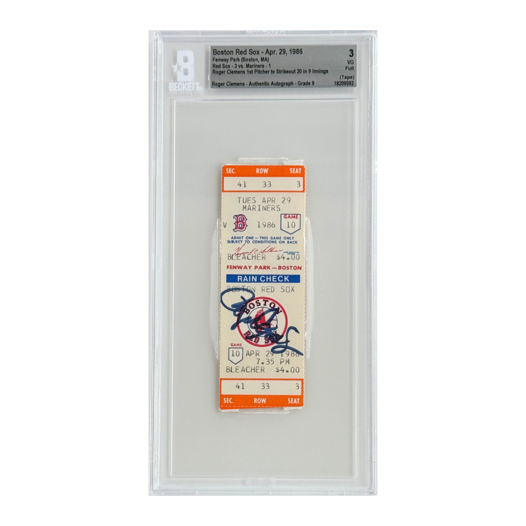 Boston Red Sox – Apr. 29, 1986 20-Strikeout Game Ticket / Roger Clemens Autograph – BAS 3.0 (Auto 9) – 1986 (Fenway Park)