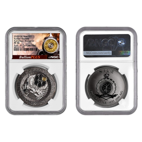 2025 Niue Russian Roulette 1 oz Silver Coin NGC PF 70 Bullet Label