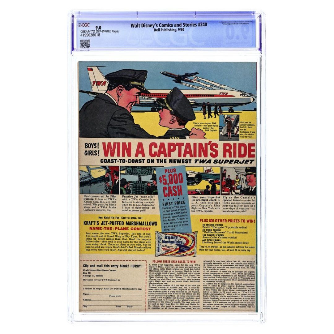 Walt Disney’s Comics and Stories #240 – Carl Barks Cover / Donald Duck “The Fraidy Falcon” – CGC 9.0 – 1960 (Dell Publishing)