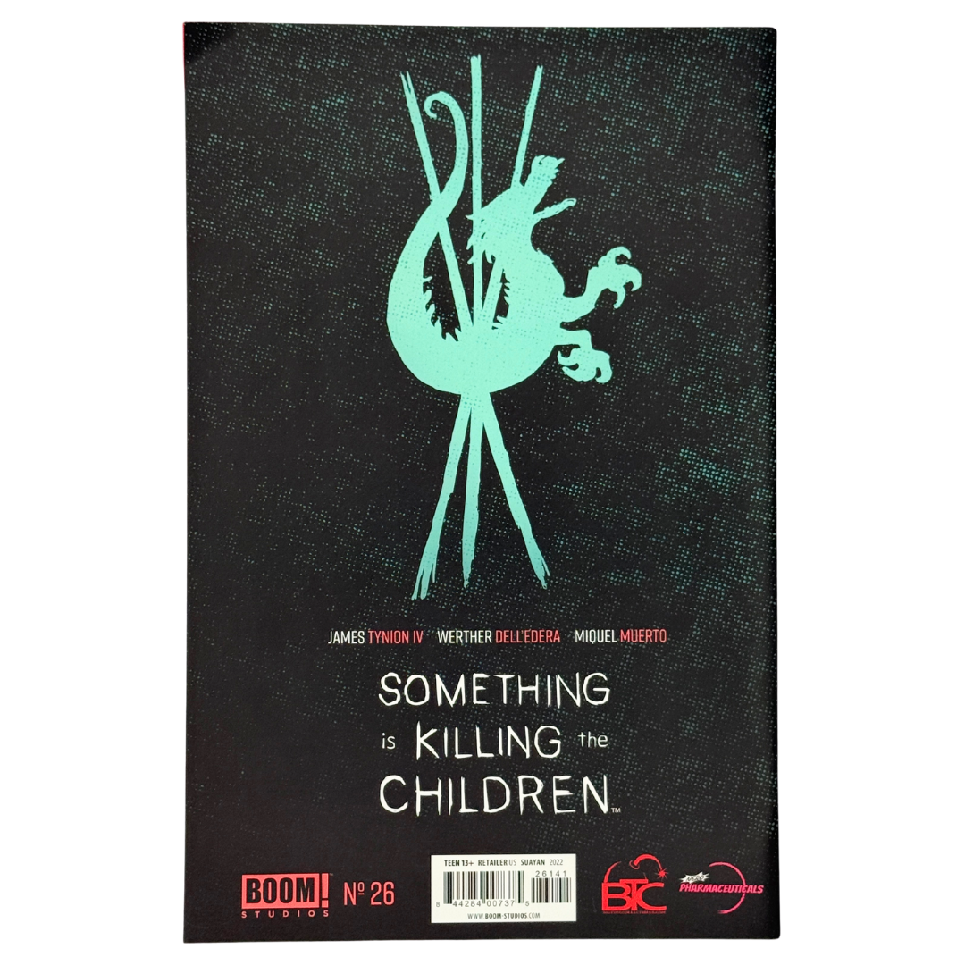 Book cover with teal silhouette and text 'Something is Killing the Children' on a black background