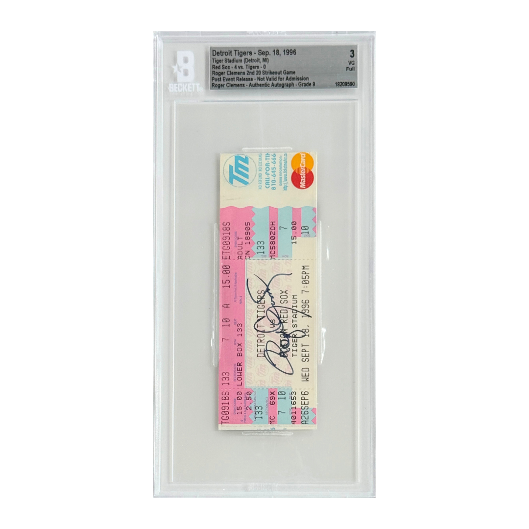 Detroit Tigers – Sept. 18, 1996 20-Strikeout Game Ticket / Roger Clemens Autograph – BAS 3.0 (Auto 9) – 1996 (Tiger Stadium)