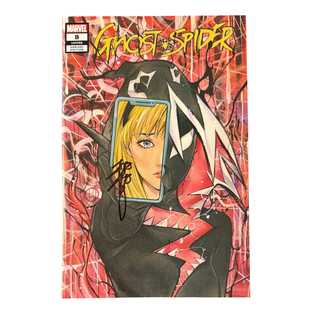 Marvel's Ghost-Spider issue #3 comic book cover, featuring a black-and-white spider-like character with a blonde face visible through a smartphone screen, set against a red and pink web-patterned background. The title 'GHOST-SPIDER' appears in yellow at the top, and a Marvel logo is in the upper left corner.